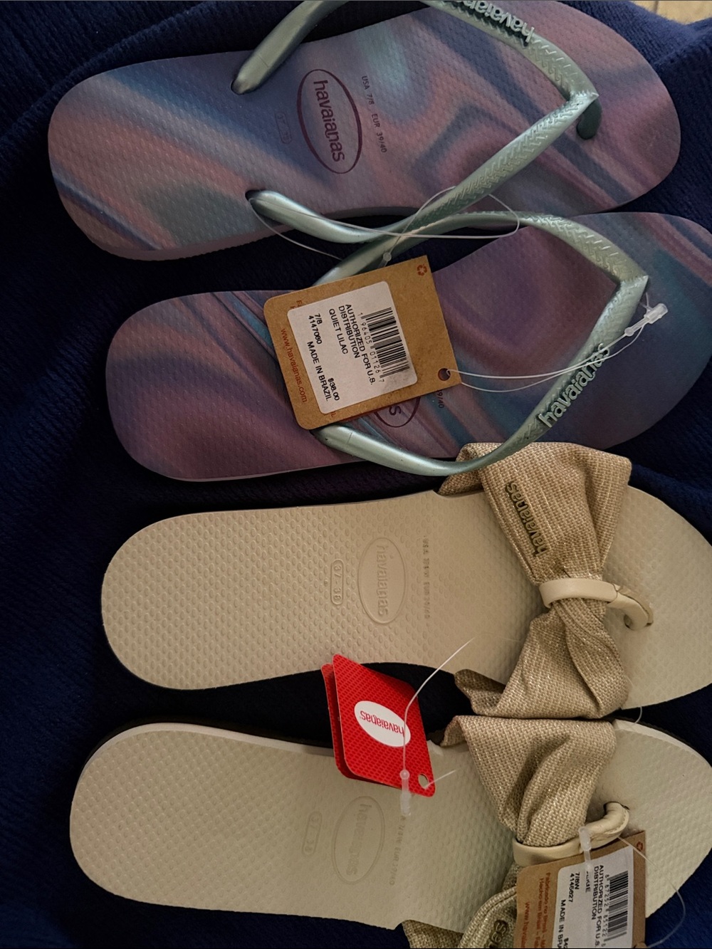 Havaianas Purple Gradient Flip Flops & Gold Bow Slide Sandals - 2 Pair